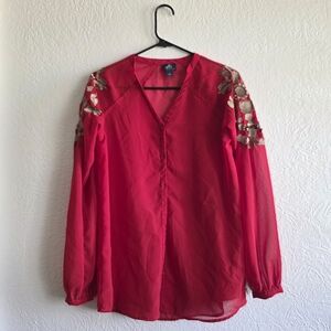 Alfani Red Sheer V-Neck Blouse with Gold Shoulder Embroidery
